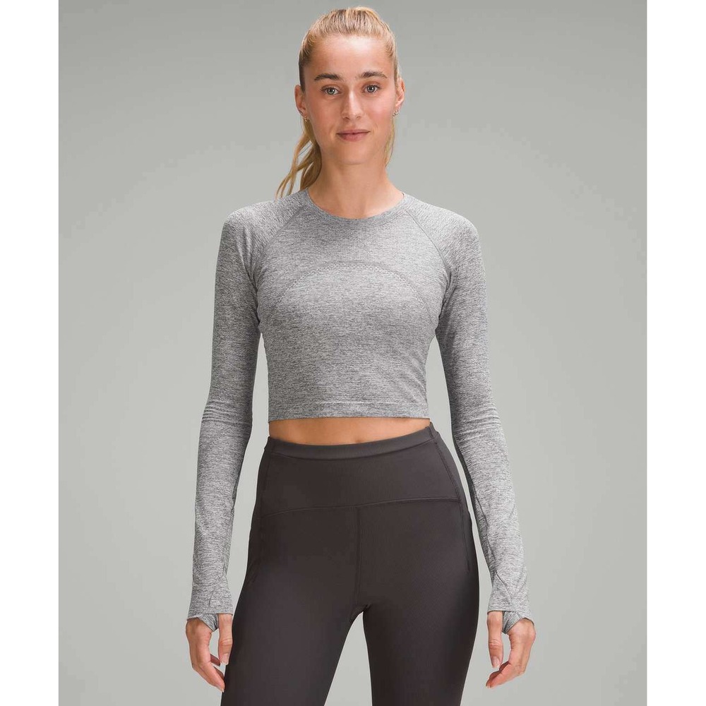 Lululemon Swiftly Tech Long Sleeve Crop Size 4 Gray‎ Heathered Crewneck Top